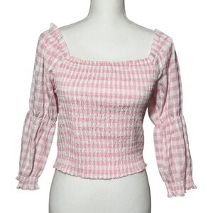 Mi Ami Smocked Gingham Crop Top Size M Pink White Puff Sleeve Square Neck